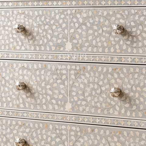 Bone Inlay Floral 3-Drawer Dresser – White & Grey