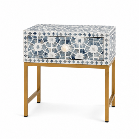 Bone Inlay Bedside Table with Gold Metal Legs – Grey & White Geometric Pattern