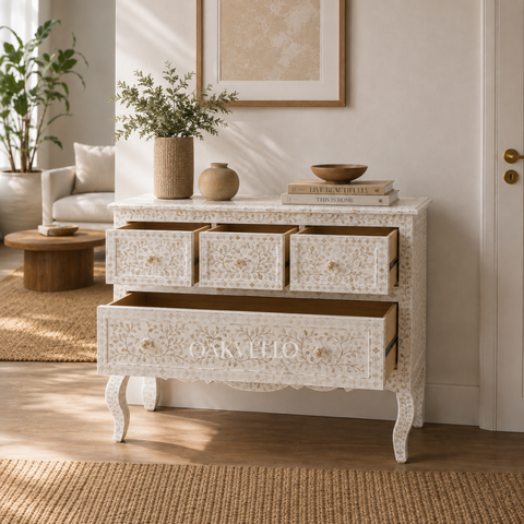 Bone Inlay Floral Chest of Drawers – White
