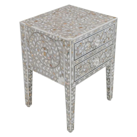 Jaipuri Floral Mother of Pearl 2-Drawer Bedside Table | Handcrafted Nightstand – Oakvello