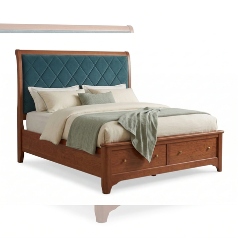Caspian Solid Teak Wood Bed | Premium Upholstered Headboard – Oakvello