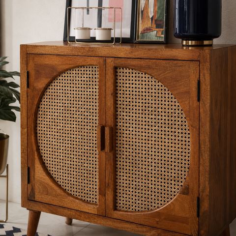 2-Door Mango Wood & Cane Cabinet | Boho Storage Sideboard – Oakvello