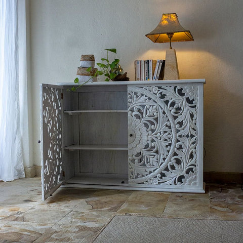 White Carved Solid Wood Sideboard | Artisan Living Room Storage – Oakvello
