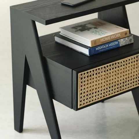 Rattan Cane Solid Wood Nightstand | Boho Bedroom Bedside Table – Oakvello