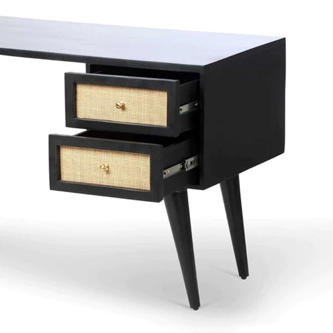 Rattan & Solid Wood Study Table | Boho Home Office Writing Desk – Oakvello