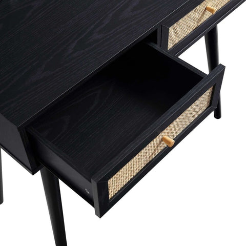 Black Rattan Dressing Table with Mirror | Boho Bedroom Vanity Furniture – Oakvello