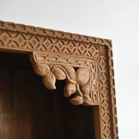 Hand Carved Solid Wood Storage Bookshelf with 3 Shelves | Living Room Display – Oakvello