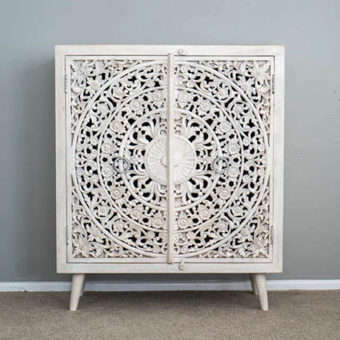 Hand Carved Mandala Solid Wood Cabinet | Artisan Storage Furniture – Oakvello