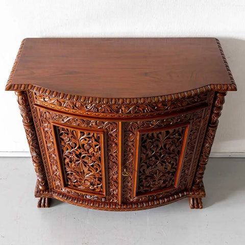 Floral Carved Solid Teak Wood Sideboard | Traditional Luxurious Living Room Storage – Oakvello