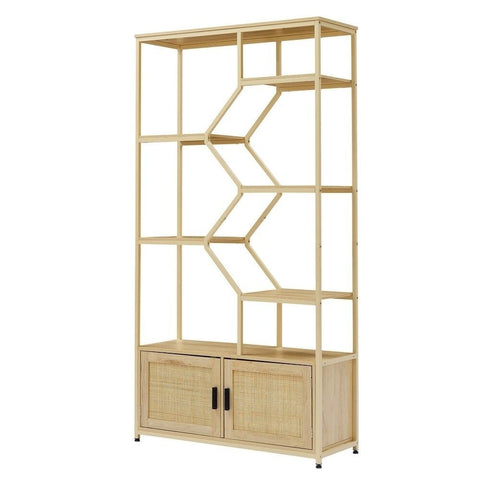 7-Tier Solid Wood Bookshelf with Cabinet | Living Room Display & Storage – Oakvello