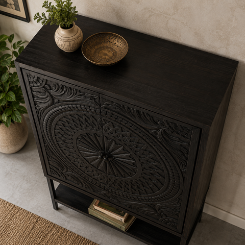 Jodhpuri Black Carved Solid Wood Cabinet | Handcrafted Storage Furniture – Oakvello