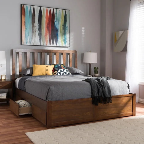 Contemporary Walnut Solid Wood Storage Bed | Modern Bedroom Furniture – Oakvello
