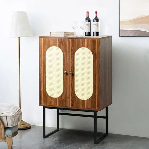 2-Door Accent Wood Cabinet | Interior Shelves & Black Metal Base – Oakvello