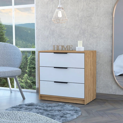 White & Pine Finish Solid Wood 3-Drawer Chest | Bedroom Storage Dresser – Oakvello