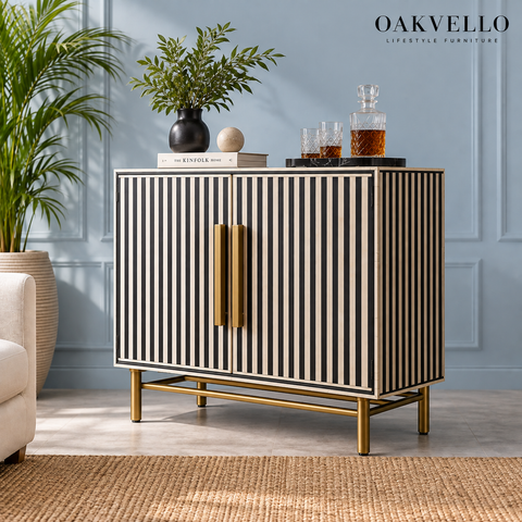 Striped Black Bone Inlay Bar Cabinet