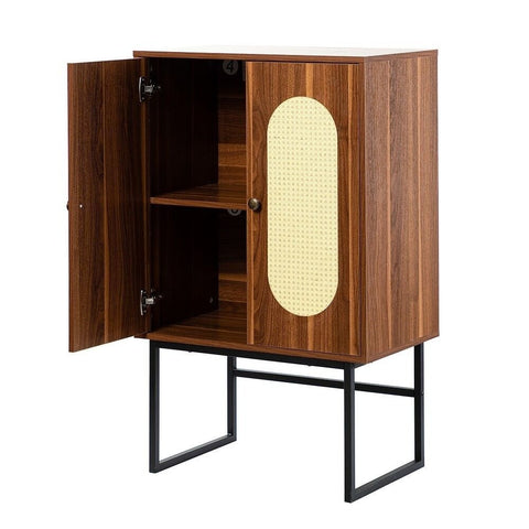 2-Door Accent Wood Cabinet | Interior Shelves & Black Metal Base – Oakvello
