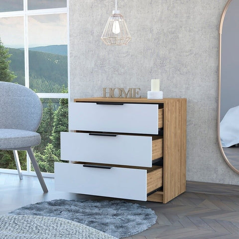 White & Pine Finish Solid Wood 3-Drawer Chest | Bedroom Storage Dresser – Oakvello