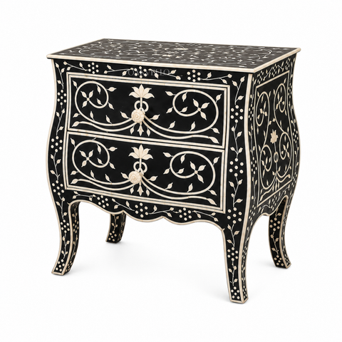 Black Floral Scroll Bone Inlay Bedside Table