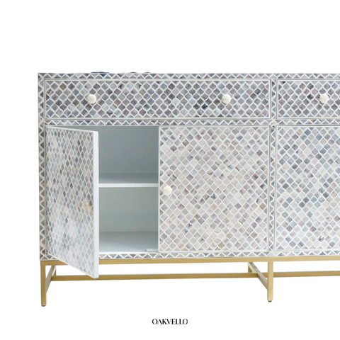 Bone Inlay Moroccan Trellis 4-Door Sideboard – Grey & White