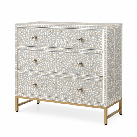 Bone Inlay Floral 3-Drawer Dresser – White & Grey