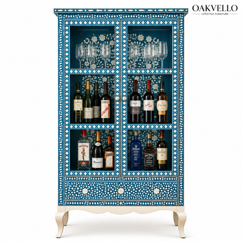 Teal Bone Inlay Glass-Door Bar Cabinet with Cabriole Legs