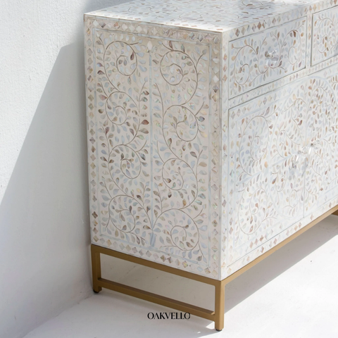 Shell Inlay Floral 4-Door Sideboard – Ivory White