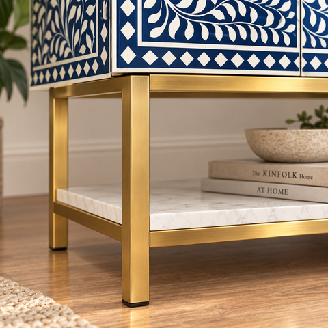 Blue & White Bone Inlay Bar Cabinet with Marble-Effect Top
