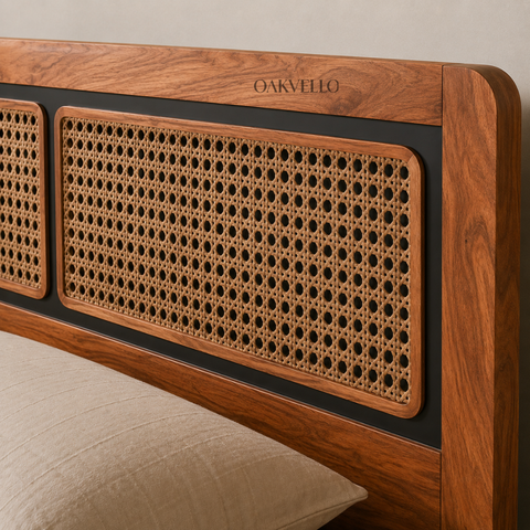 Nami Bed | Solid Mango Wood & Rattan Cane Platform Bed