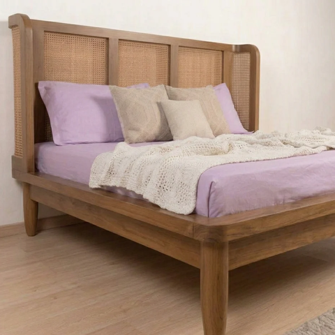 Aethel Handcrafted Teak Wood Cane Bed | Luxury Bedroom Furniture – Oakvello