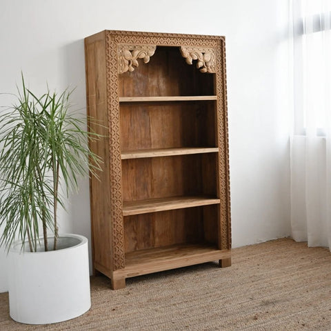 Hand Carved Solid Wood Storage Bookshelf with 3 Shelves | Living Room Display – Oakvello
