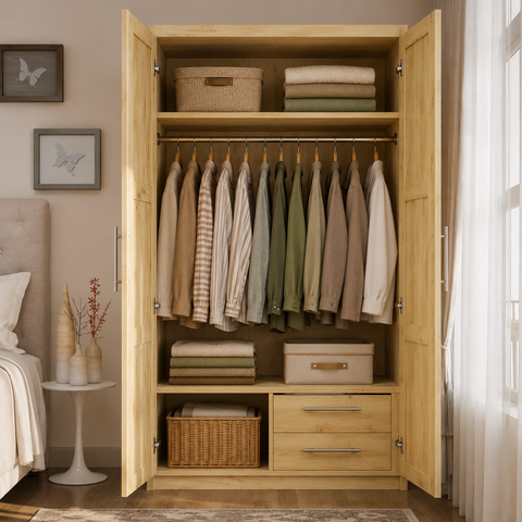 Solid Wood Tall Wardrobe | 2 Drawers & 5 Storage Spaces Bedroom Furniture – Oakvello
