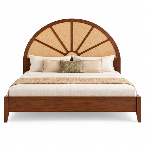 Surya Bed | Sunburst Arch Sheesham Wooden Bed | Cane Woven Headboard | King & Queen Size | Oakvello