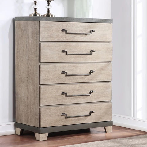 Weathered Oak Finish Solid Wood 5-Drawer Chest | Bedroom Storage Dresser – Oakvello