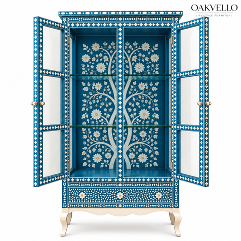 Teal Bone Inlay Glass-Door Bar Cabinet with Cabriole Legs