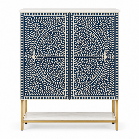 Blue & White Bone Inlay Bar Cabinet with Marble-Effect Top