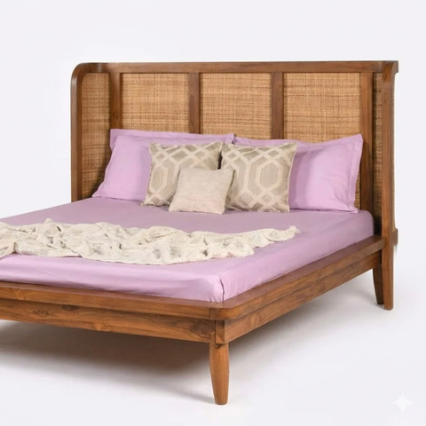 Aethel Handcrafted Teak Wood Cane Bed | Luxury Bedroom Furniture – Oakvello