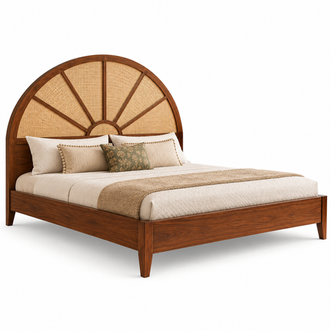 Surya Bed | Sunburst Arch Sheesham Wooden Bed | Cane Woven Headboard | King & Queen Size | Oakvello
