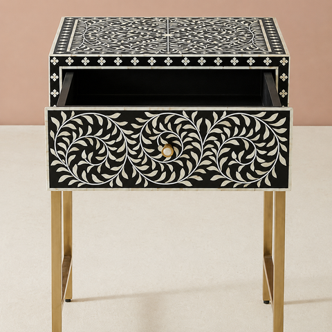 Jaipuri Black Bone Inlay Bedside Table | Handcrafted Luxury Nightstand – Oakvello