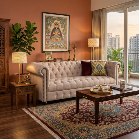 Cashmere Tuft Sofa | Handcrafted Fabric Chesterfield Sofa with Diamond Tufting & Rolled Arms