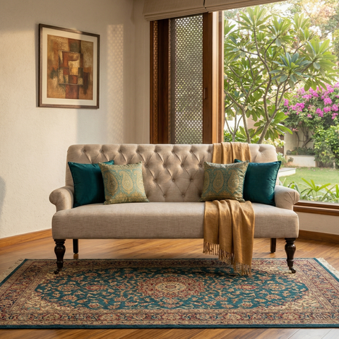 Ivory Caster Sofa | Fabric Sofa with Hand-Tufted Quilted Back, Brass Caster Wheels & Solid Wood Frame