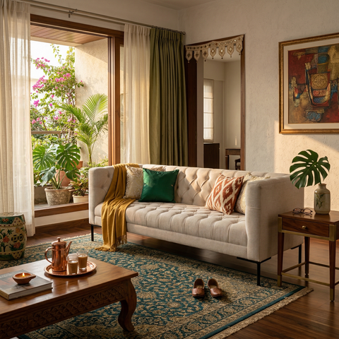 Pearl Grid Fabric Sofa | Hand-Tufted Off-White | Black Metal Legs | Contemporary Chesterfield Style