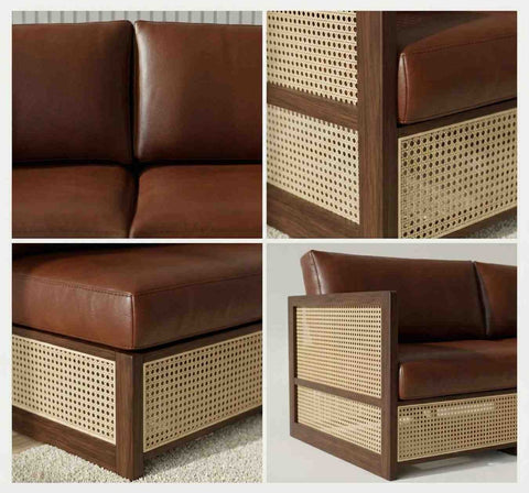 The Veda — Whiskey Brown Leather & Rattan 3-Seater Sofa | Handcrafted