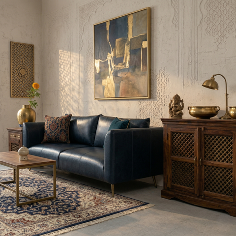 Navy Dusk Sofa | Premium Navy Leather Sofa with Brass Legs & Curved Arms