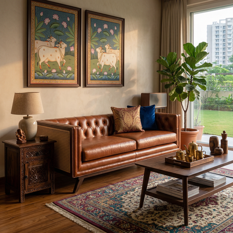 Chester Cane Sofa | Button Tufted Leather Sofa with Handcrafted Rattan Panels & Wooden Legs
