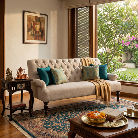 Ivory Caster Sofa | Fabric Sofa with Hand-Tufted Quilted Back, Brass Caster Wheels & Solid Wood Frame