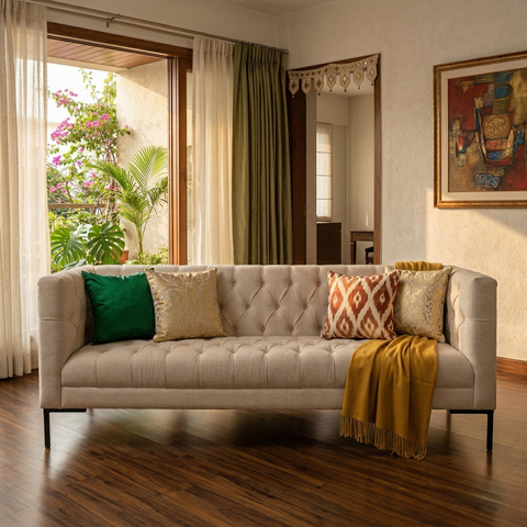 Pearl Grid Fabric Sofa | Hand-Tufted Off-White | Black Metal Legs | Contemporary Chesterfield Style