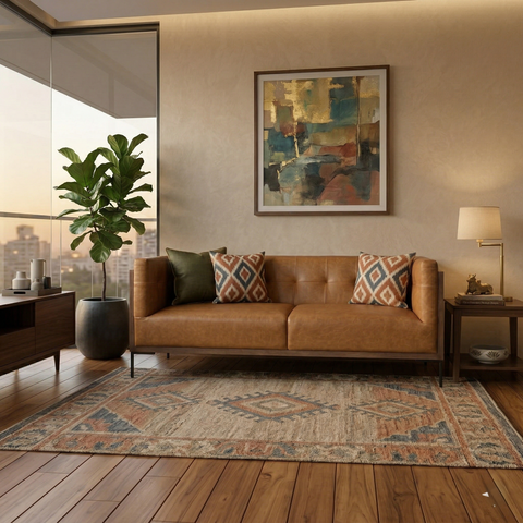 Amber Stitch Sofa | Tufted Leather Sofa with Black Metal Legs & Oak Accents