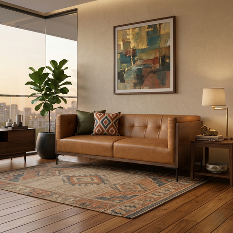 Amber Stitch Sofa | Tufted Leather Sofa with Black Metal Legs & Oak Accents