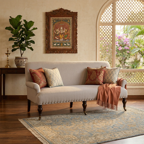 Carlton Nail Fabric Sofa | Grey Deep Seat | Brass Nailhead Trim, Scroll Arms & Ornate Turned Legs