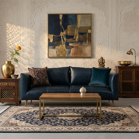 Navy Dusk Sofa | Premium Navy Leather Sofa with Brass Legs & Curved Arms
